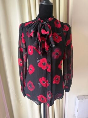 kate spade Black Blouse with Red Floral Tie-Neck